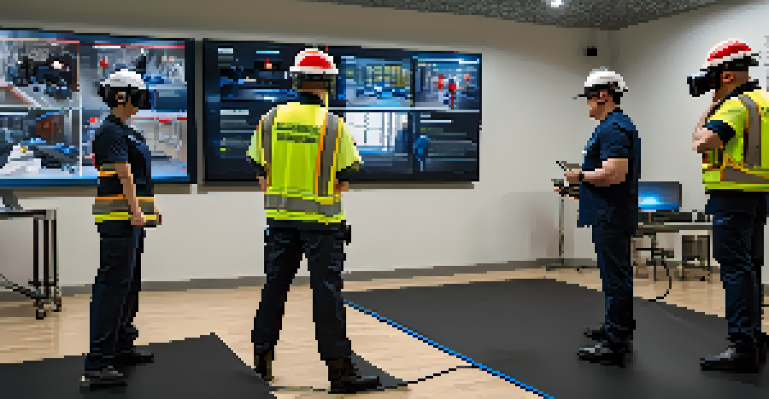 First responders engaged in virtual reality training with headsets in a modern training room filled with high-tech equipment.