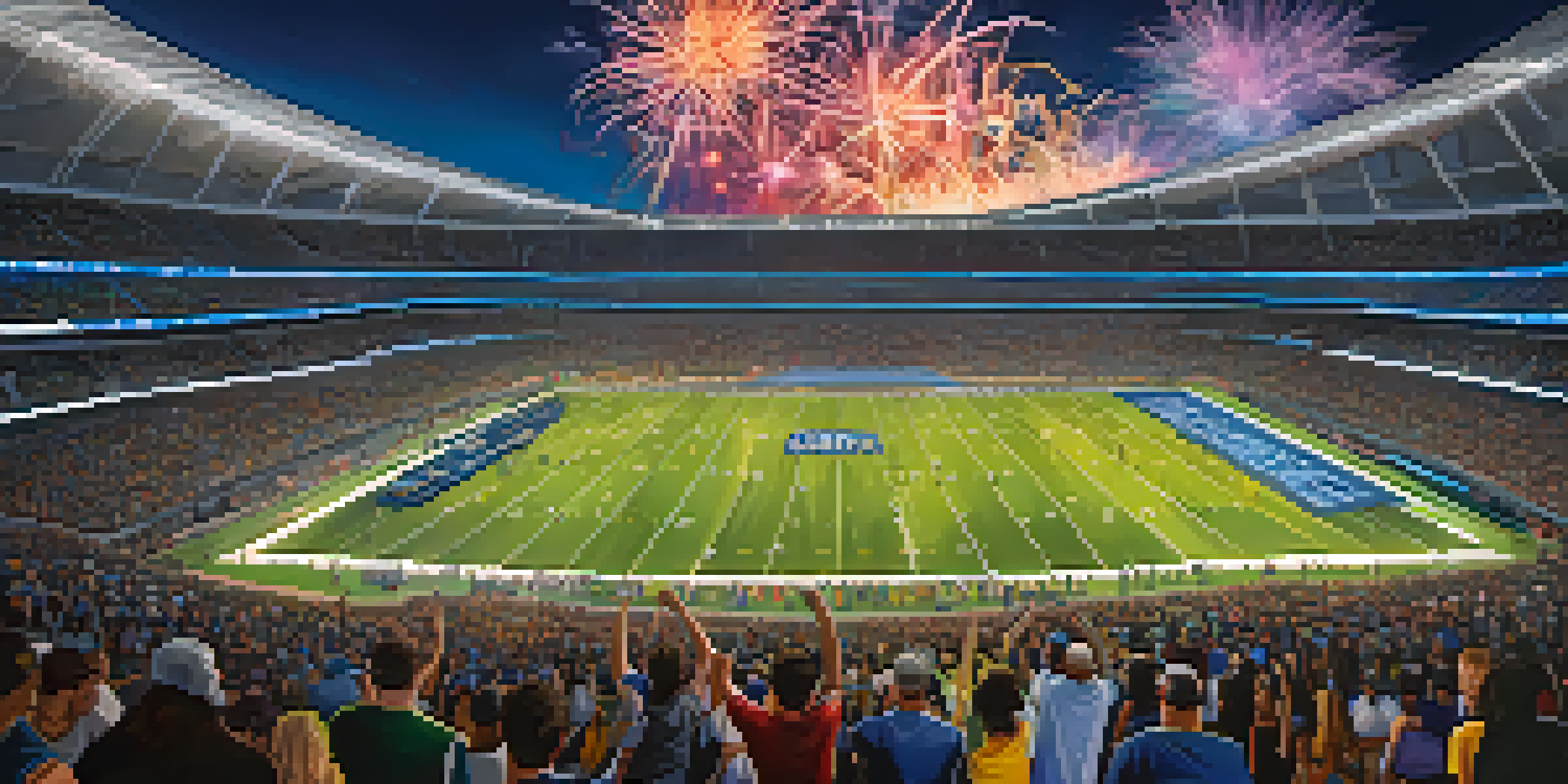 A crowded SoFi Stadium in Los Angeles during a night game, with colorful lights, fans in jerseys, and fireworks in the sky.