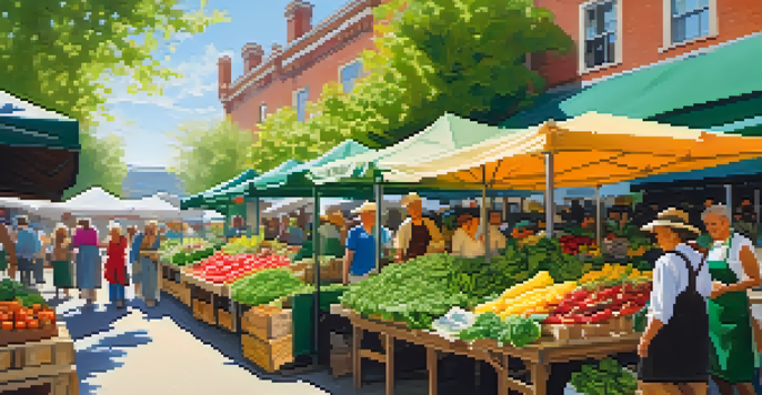 A lively spring farmers' market filled with fresh greens, colorful flowers, and fragrant herbs, with sunlight filtering through the leaves.