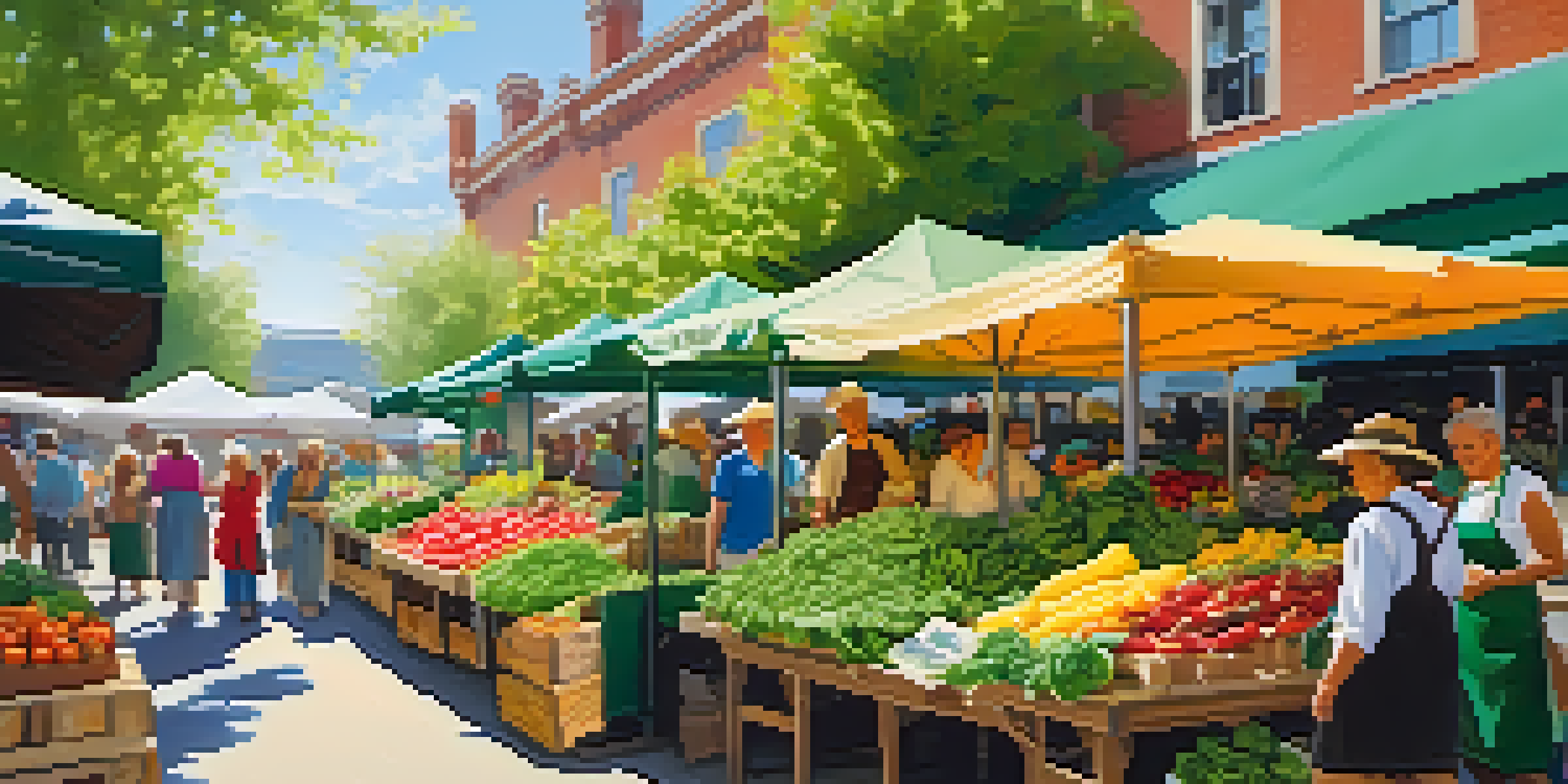 A lively spring farmers' market filled with fresh greens, colorful flowers, and fragrant herbs, with sunlight filtering through the leaves.