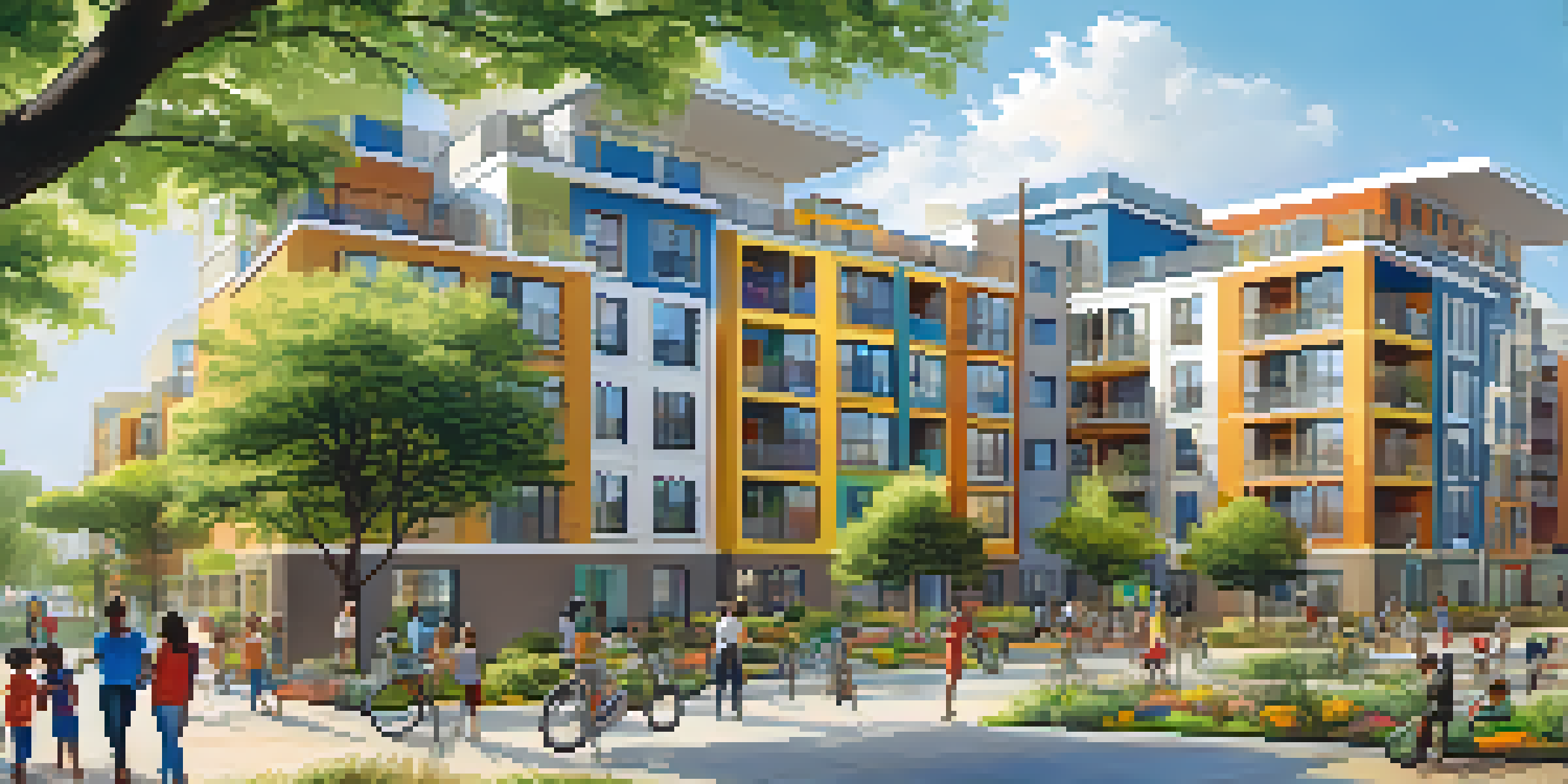 An urban affordable housing complex with diverse residents enjoying green spaces and community activities under a blue sky.