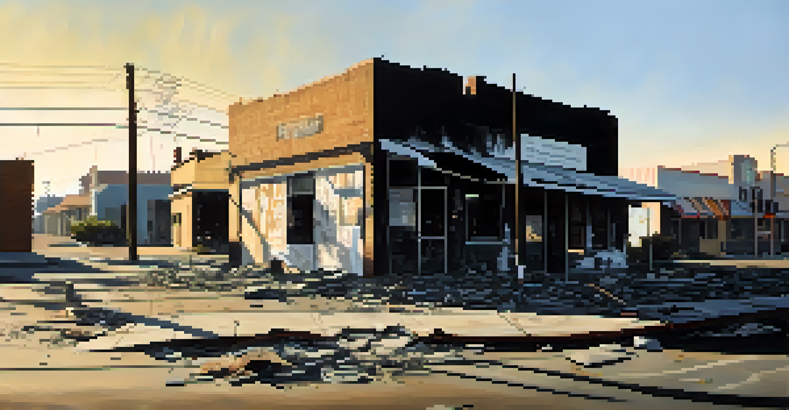 A burned-out building in Watts, Los Angeles, showing the aftermath of the riots with debris and shadows, captured in black and white.