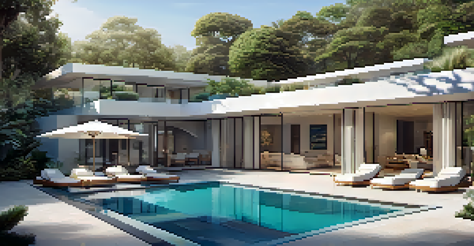 A luxurious villa with an outdoor pool area, modern lounge chairs, and a beautifully designed patio surrounded by greenery.