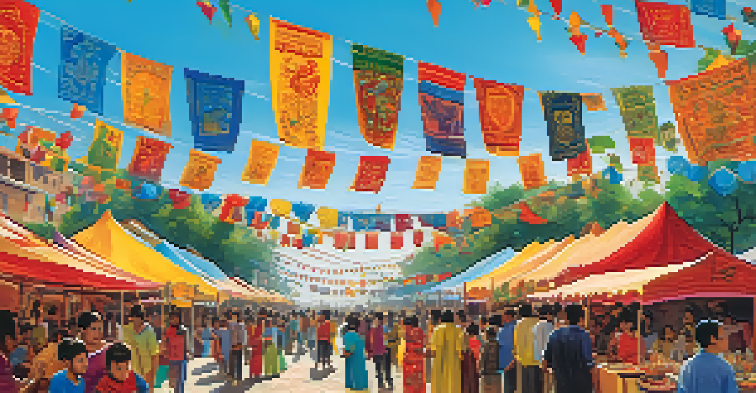 A lively outdoor cultural festival showcasing immigrant heritage with colorful decorations, food stalls, and diverse attendees enjoying the festivities.