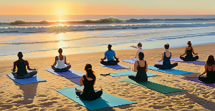 A peaceful scene of a diverse group practicing yoga on the beach at sunrise, with the sun rising over the ocean and waves in the background.