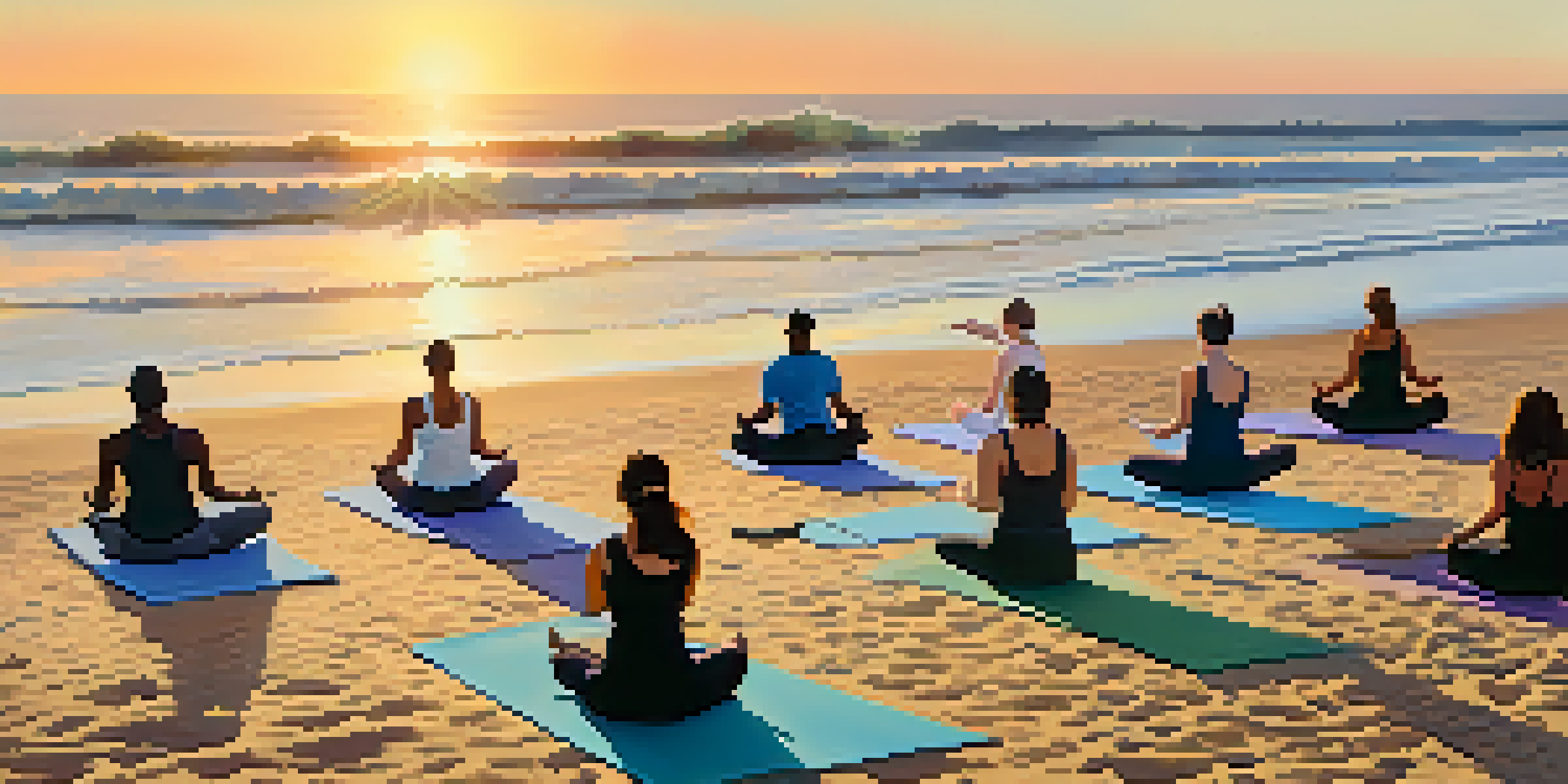 A peaceful scene of a diverse group practicing yoga on the beach at sunrise, with the sun rising over the ocean and waves in the background.