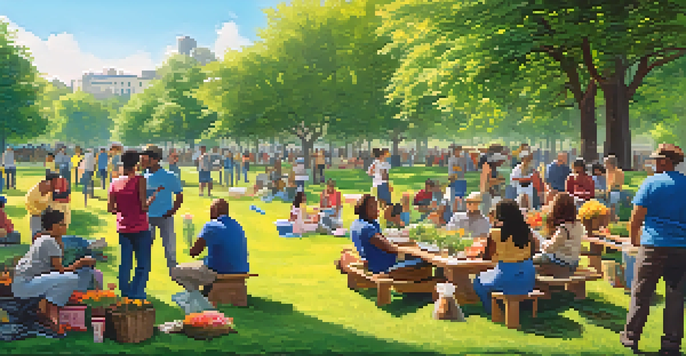 A diverse group of people working together in a sunny park, planting flowers and cleaning up the area, with colorful banners in the background.