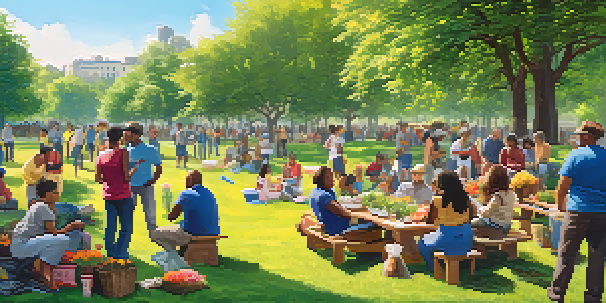 A diverse group of people working together in a sunny park, planting flowers and cleaning up the area, with colorful banners in the background.