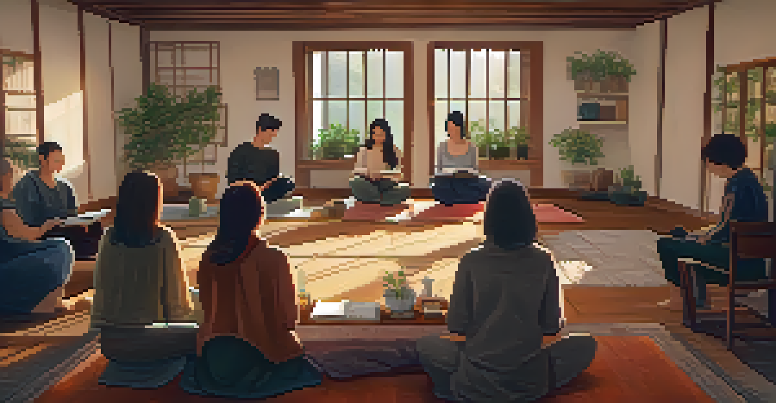 A cozy indoor setting with participants journaling on cushions, warm lighting, and a table with teas and books.