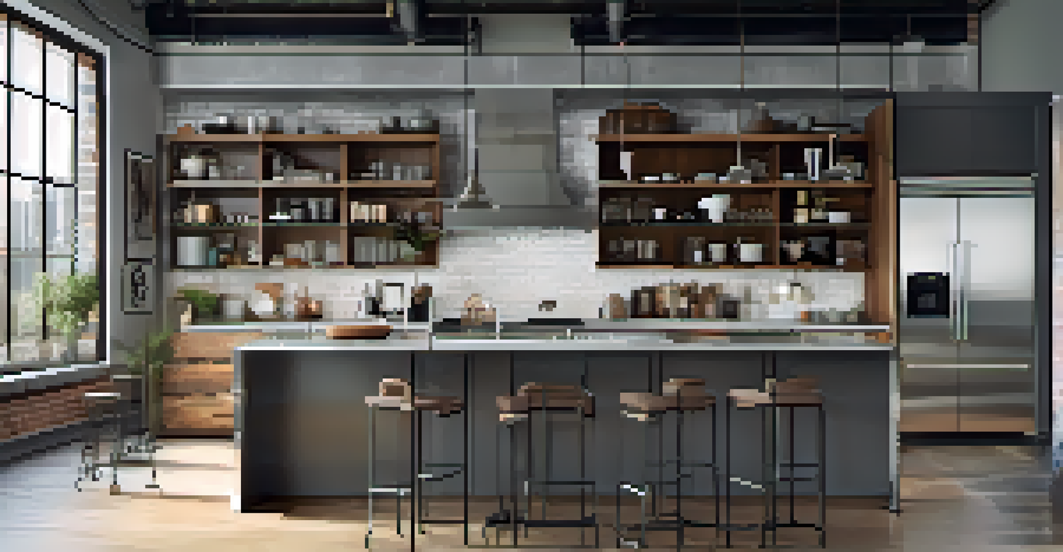 An industrial chic kitchen with modern appliances, reclaimed wood cabinetry, an oversized island, and exposed pipes.
