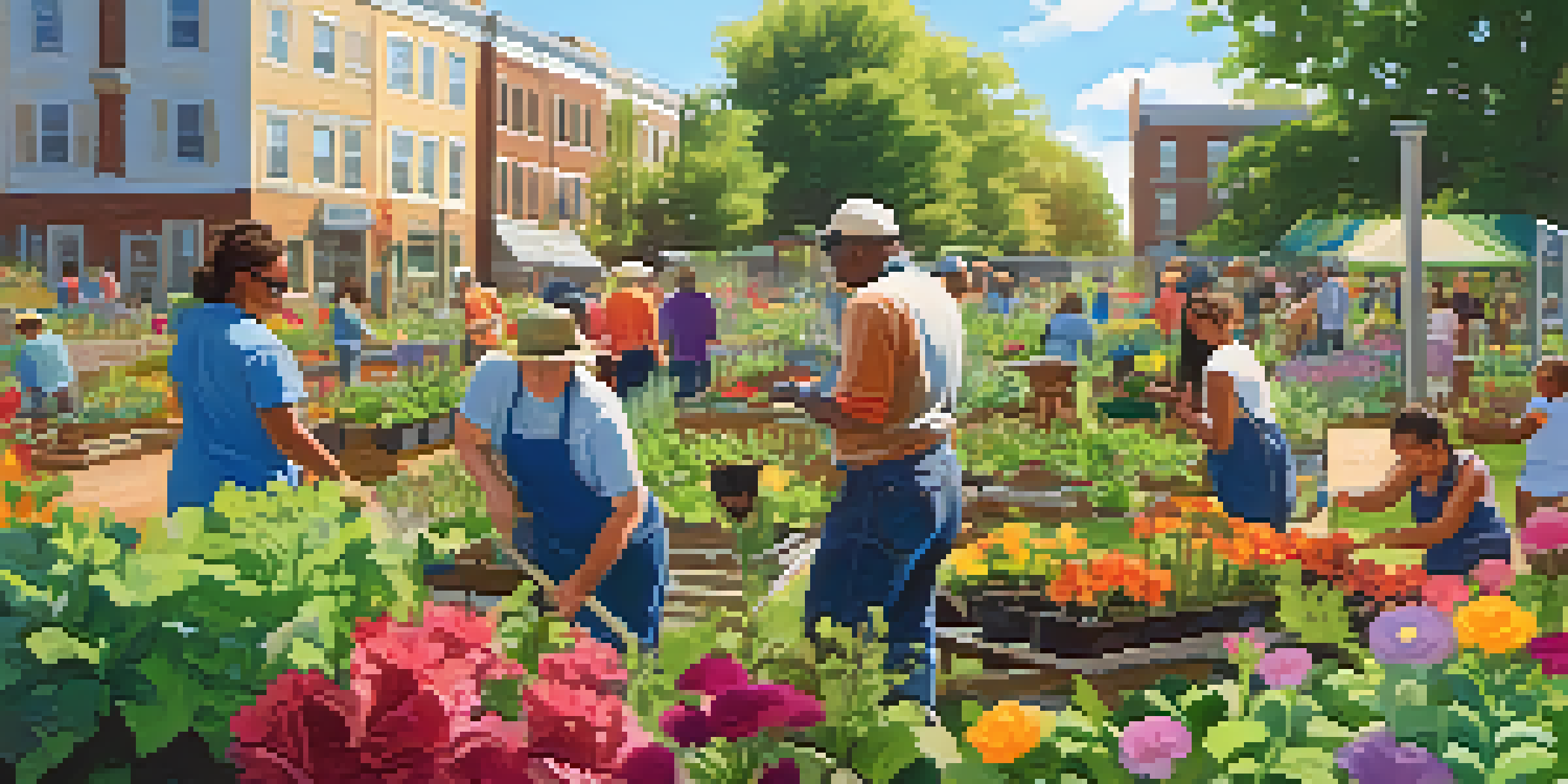 A diverse group of people working together in a community garden, planting and harvesting vegetables under a sunny sky.