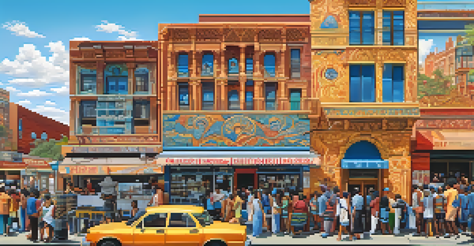 Close-up of a vibrant mural depicting an urban landscape with diverse people and cultural symbols.