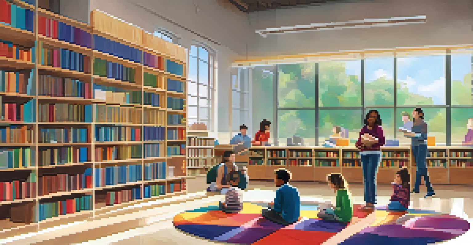 Inside a local library, a volunteer reads to children on a rug, with bookshelves and natural light enhancing the cozy environment.