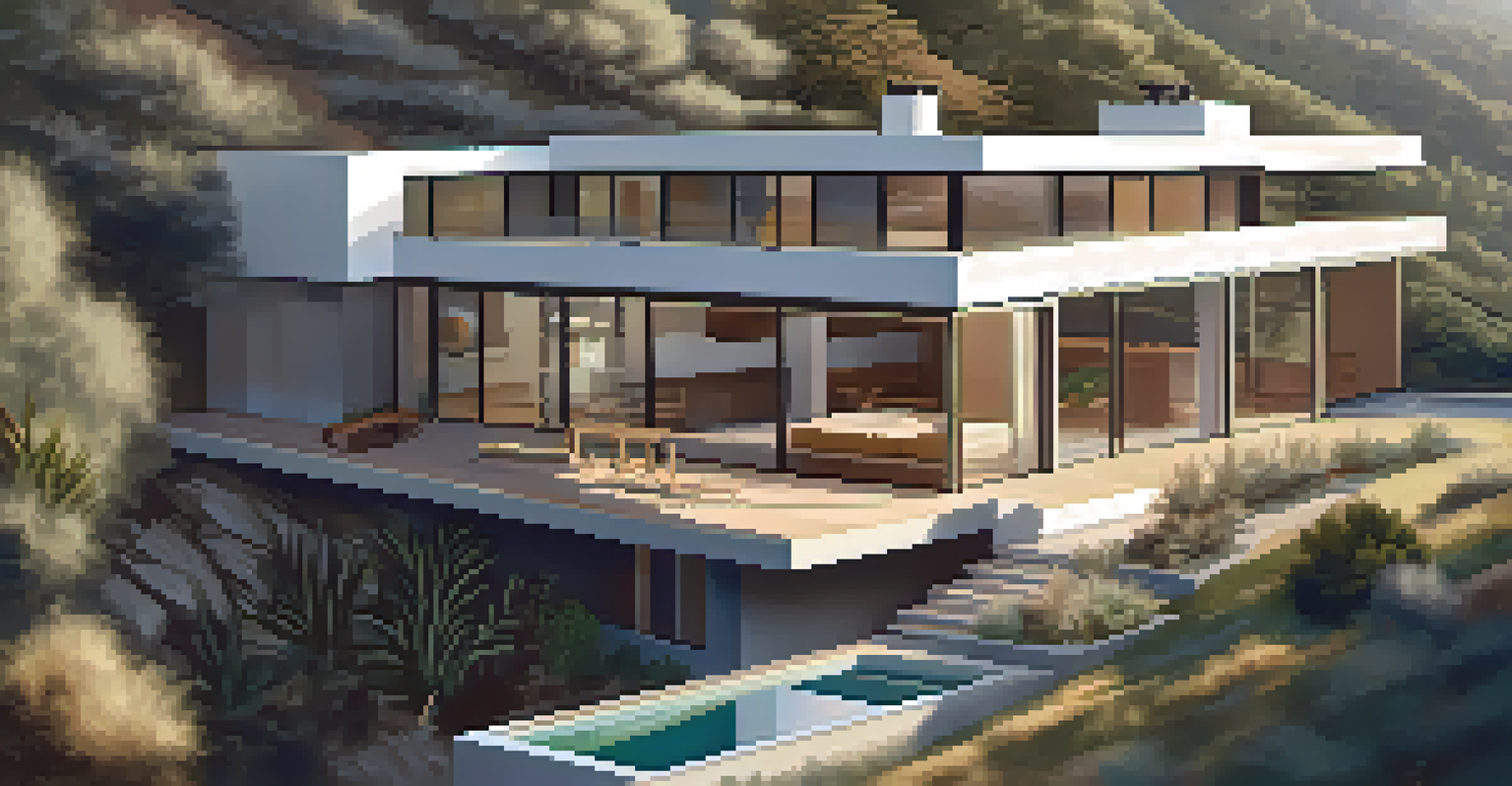 Aerial view of the Storer House in Hollywood Hills, surrounded by nature and illuminated by morning light.