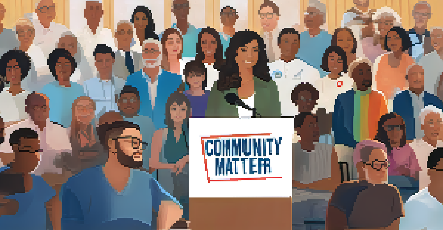 A diverse group of engaged citizens at a town hall meeting discussing community issues, with a banner in the background that reads 'Community Voices Matter.'