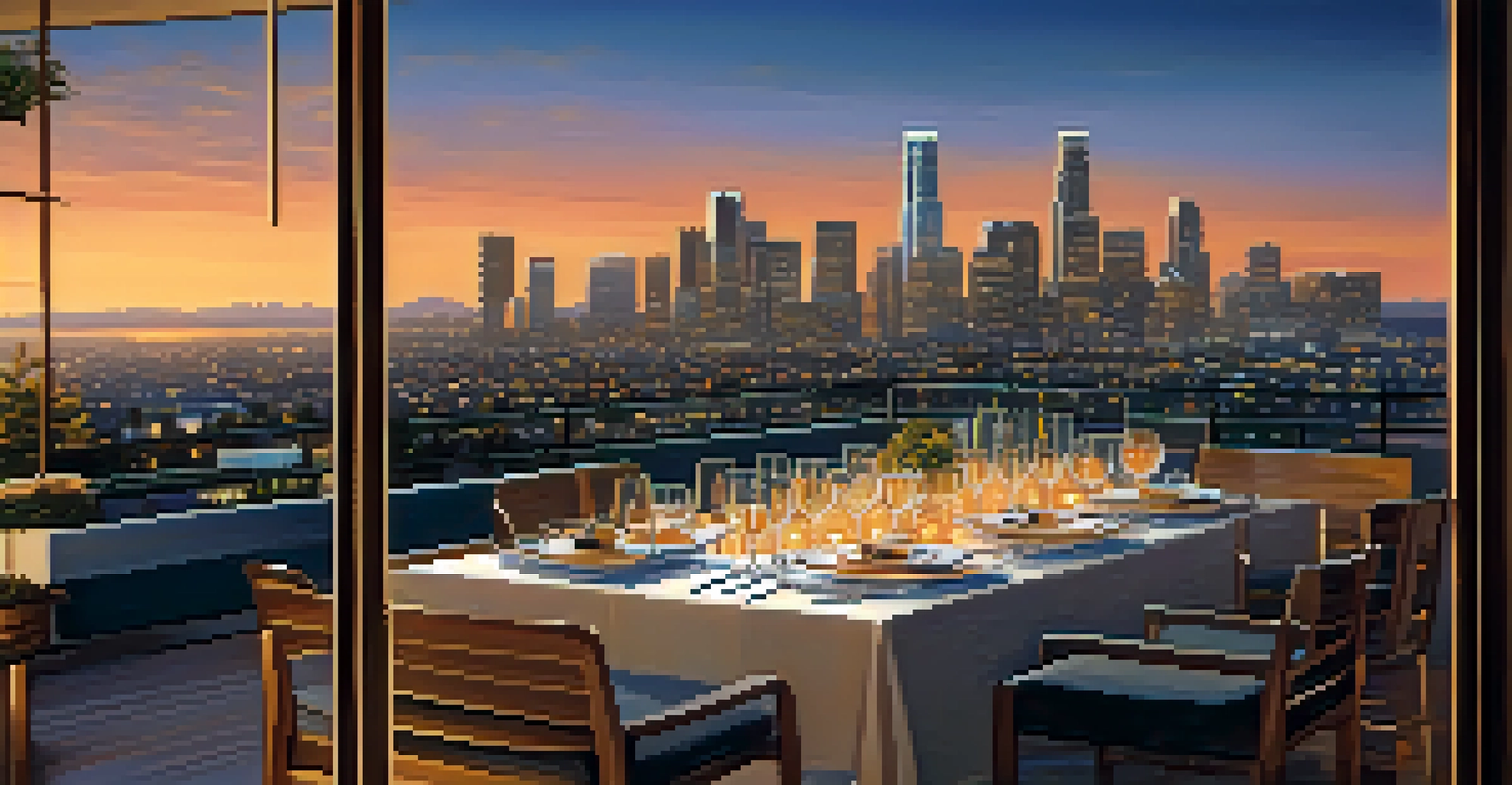 A romantic rooftop dining setup with gourmet food and cocktails, overlooking the twinkling lights of the Los Angeles skyline at sunset.