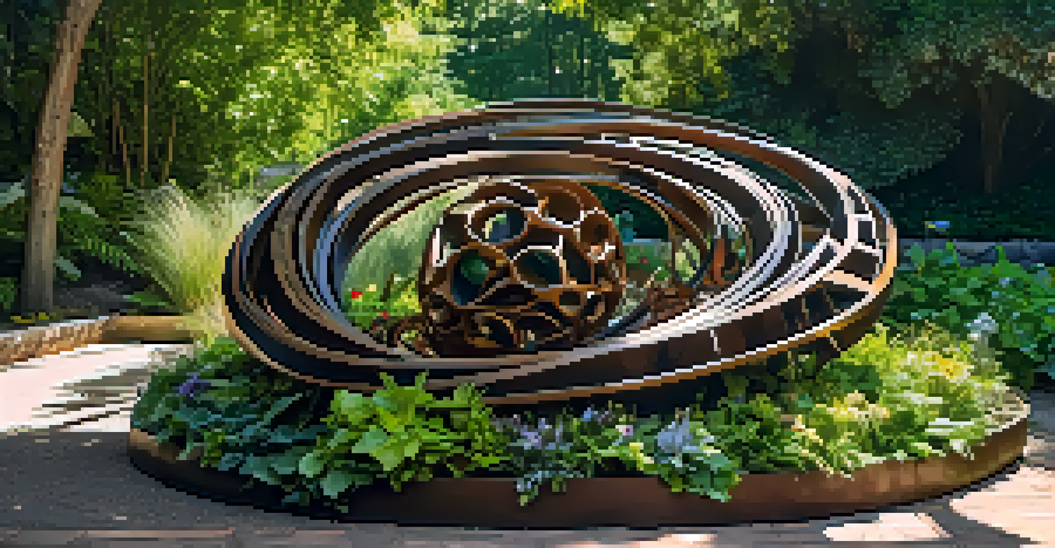 An abstract outdoor sculpture made from recycled materials, surrounded by greenery and sunlight.
