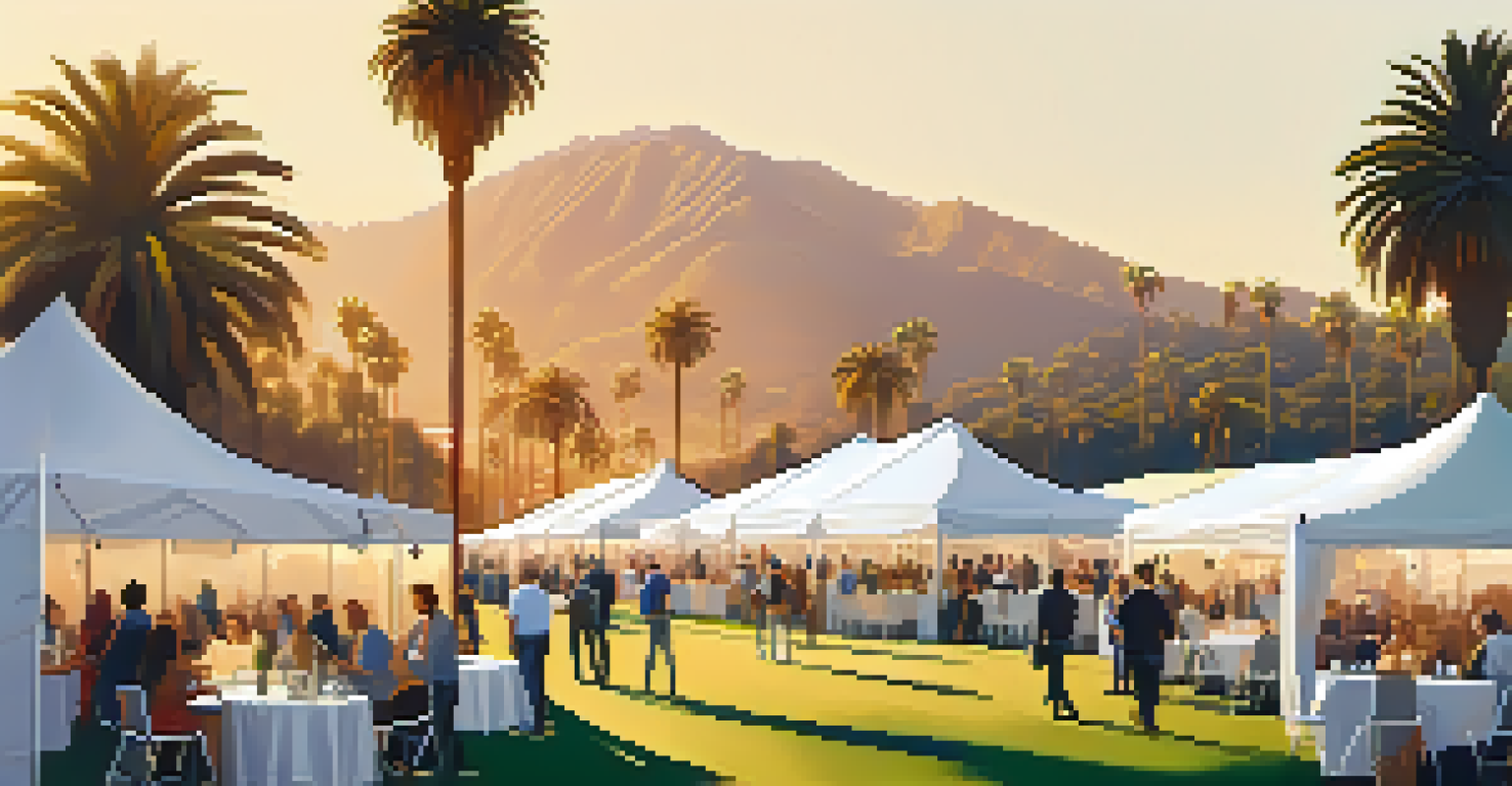 An outdoor networking event for tech startups in Los Angeles with palm trees and the Hollywood sign, entrepreneurs engaging and showcasing tech products in warm sunlight.