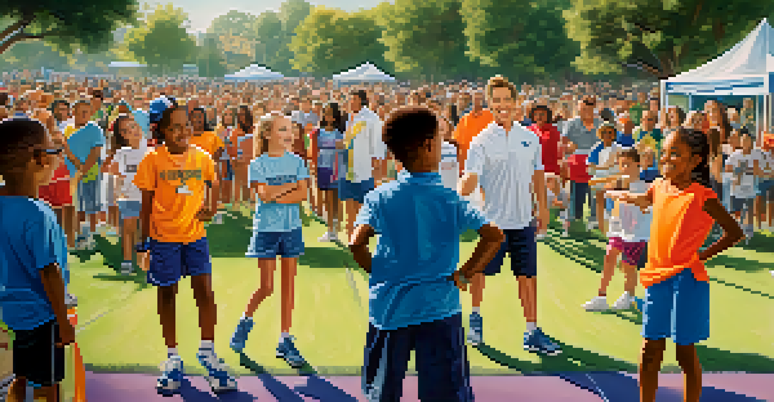 A celebrity hosting a youth sports event in a park, with children engaged in activities and families cheering in the background.