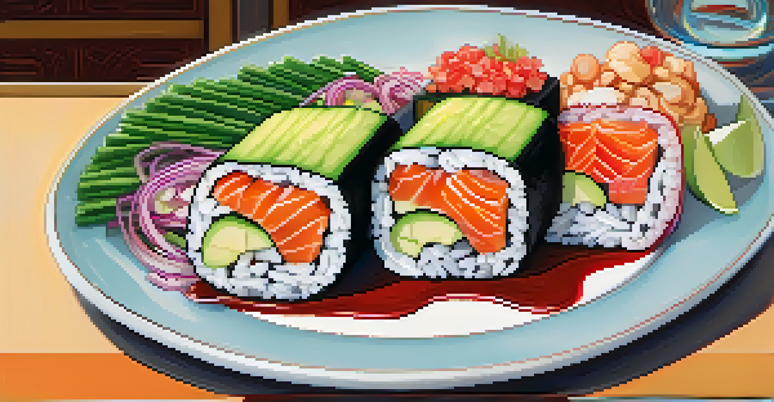 A sushi burrito showcasing vibrant ingredients, highlighting the creative fusion cuisine of Los Angeles in a modern restaurant setting.