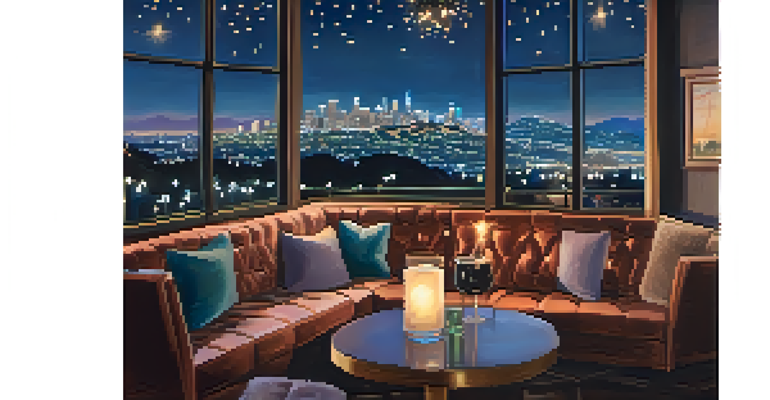 A cozy rooftop bar with plush seating and a view of the Hollywood sign, illuminated by soft lights and city twinkles.
