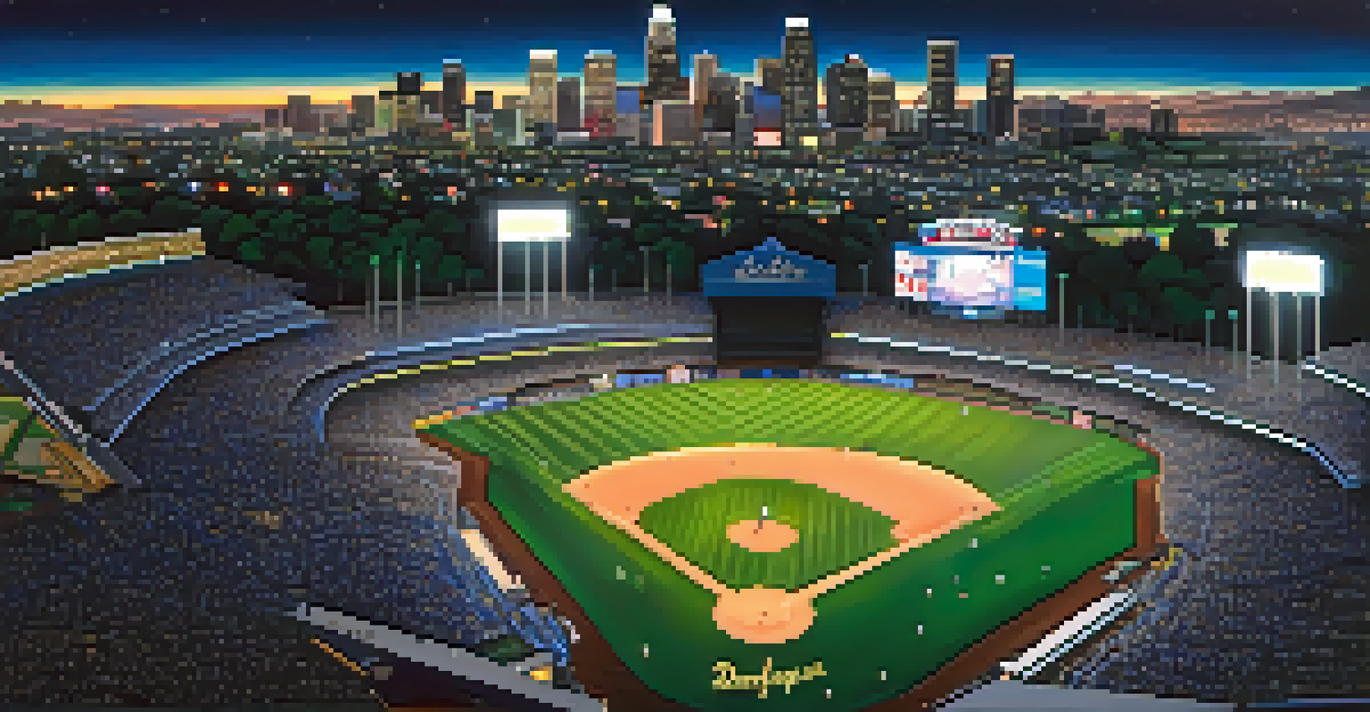 Aerial view of Dodger Stadium at night, filled with fans, with the city skyline in the background.