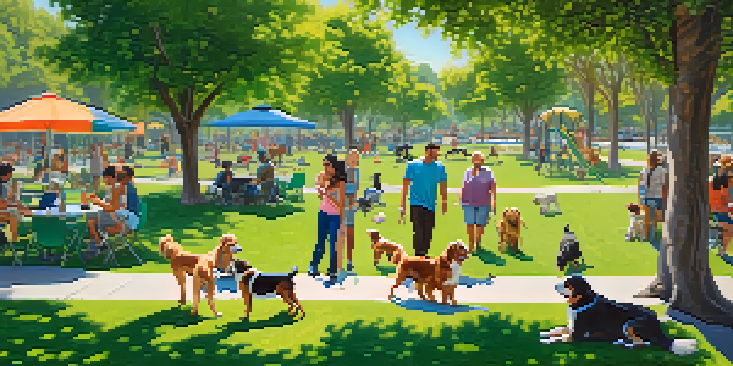 A lively community park in Los Angeles with dogs playing and interacting with their owners, surrounded by greenery and flowers under a sunny sky.