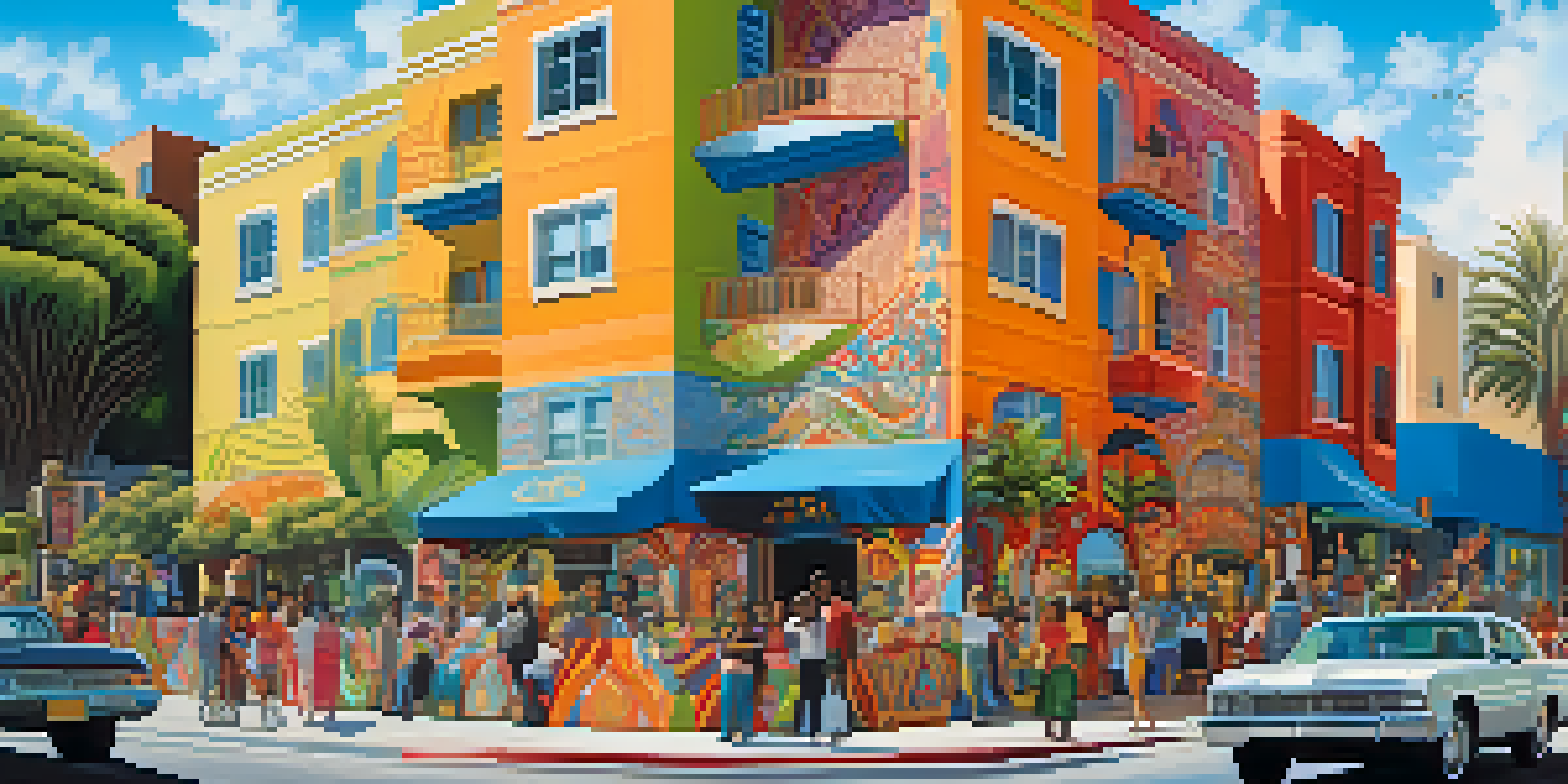 A colorful mural that represents cultural diversity in Los Angeles, surrounded by trees and buildings, under a sunny sky.