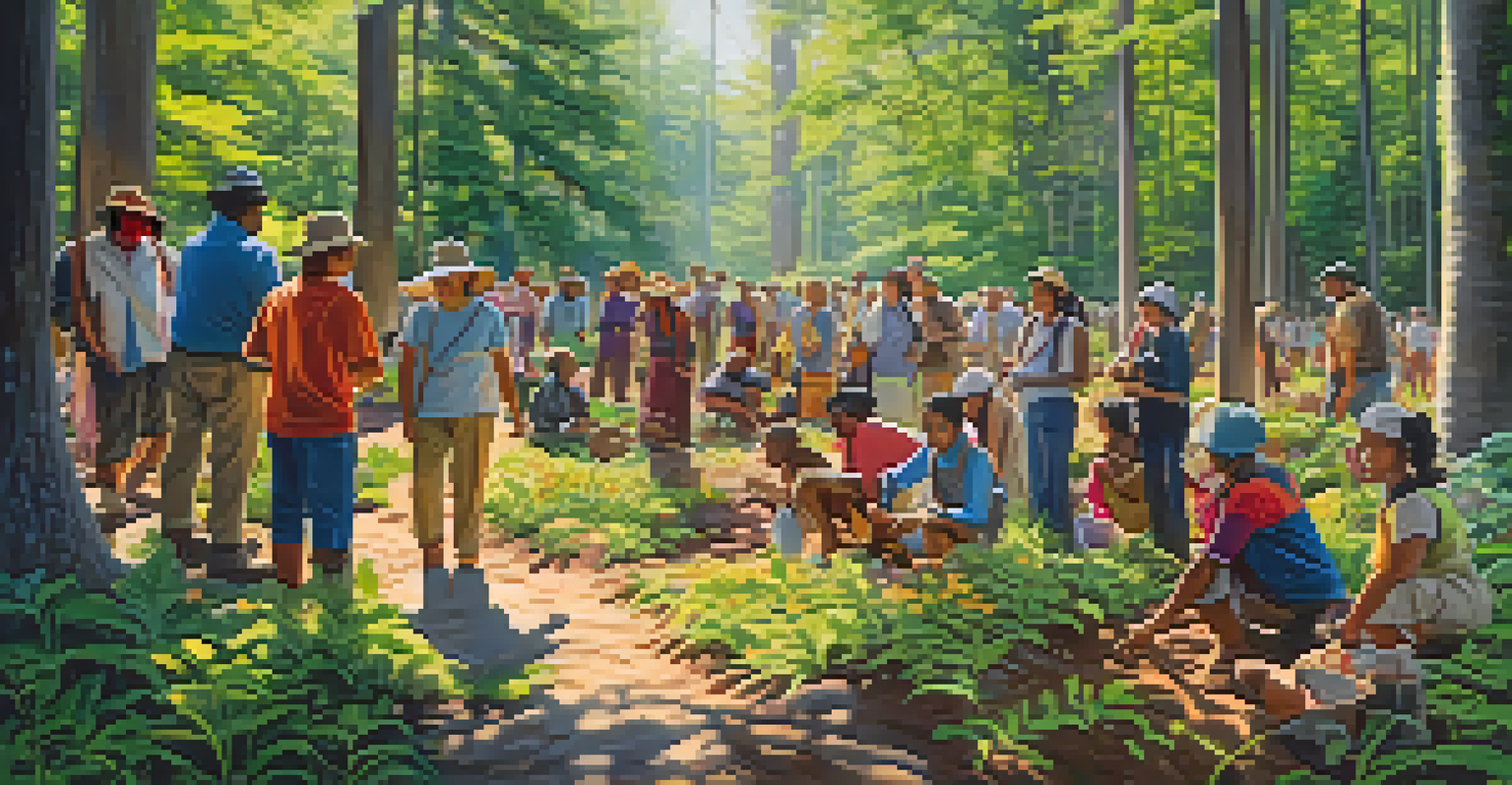 A diverse group of people planting trees and flowers in a restored forest area.