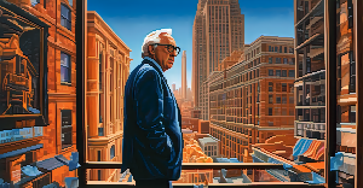 An artistic representation of Ray Bradbury in Los Angeles, surrounded by iconic landmarks and elements of literature and film, bathed in vibrant colors.