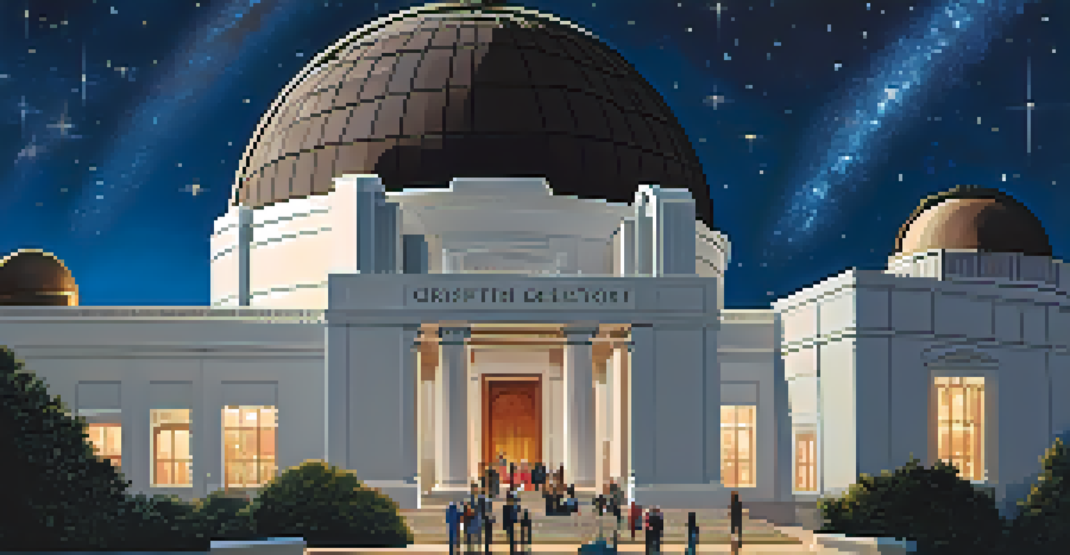 Visitors gathered around Griffith Observatory's dome during a star-gazing event under a starry night sky.