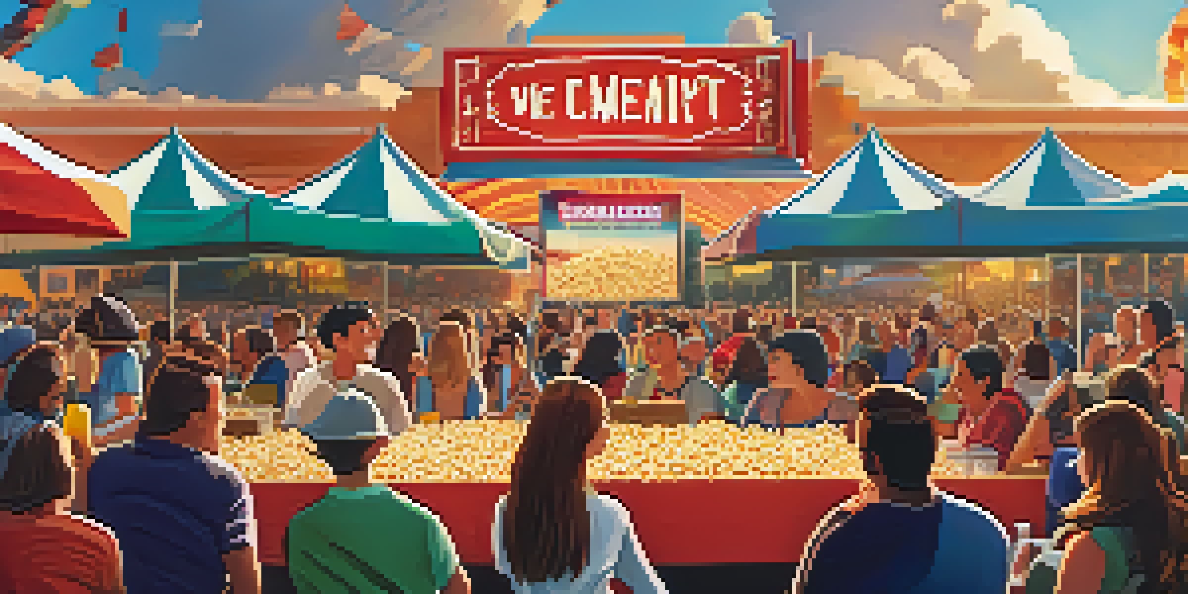 A lively outdoor film festival in Los Angeles, featuring a large screen, colorful food trucks, and a crowd of attendees enjoying the event under a blue sky.