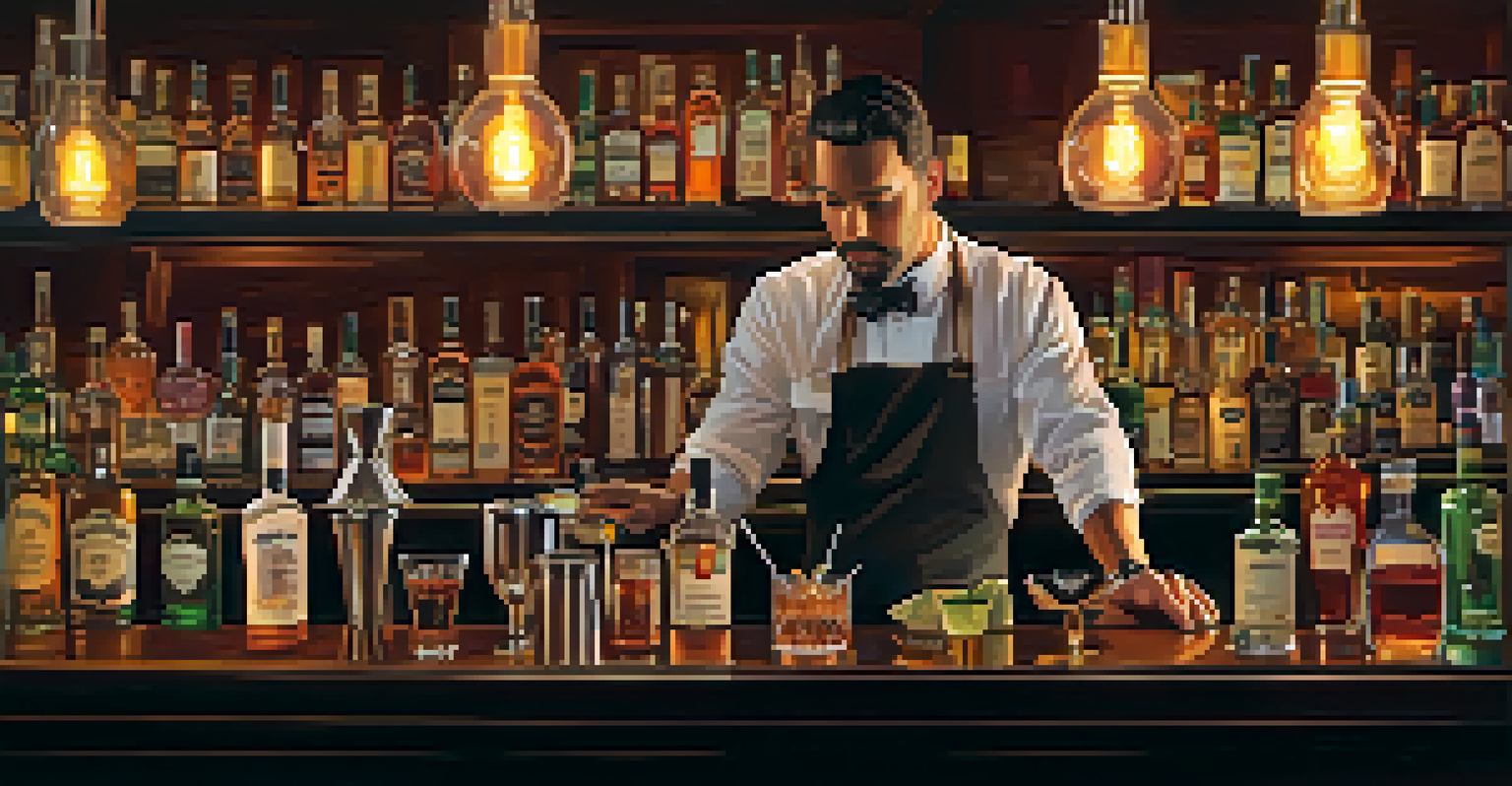 A bartender expertly mixing a cocktail at a cozy bar, surrounded by premium spirits and fresh ingredients.