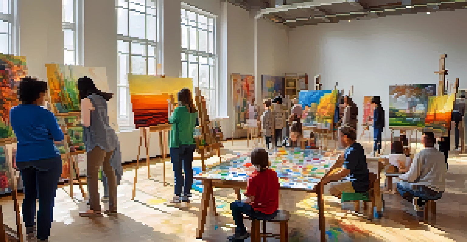 A community art workshop in a museum with local artists guiding participants, colorful paints and artworks displayed on the walls, and natural light streaming in.