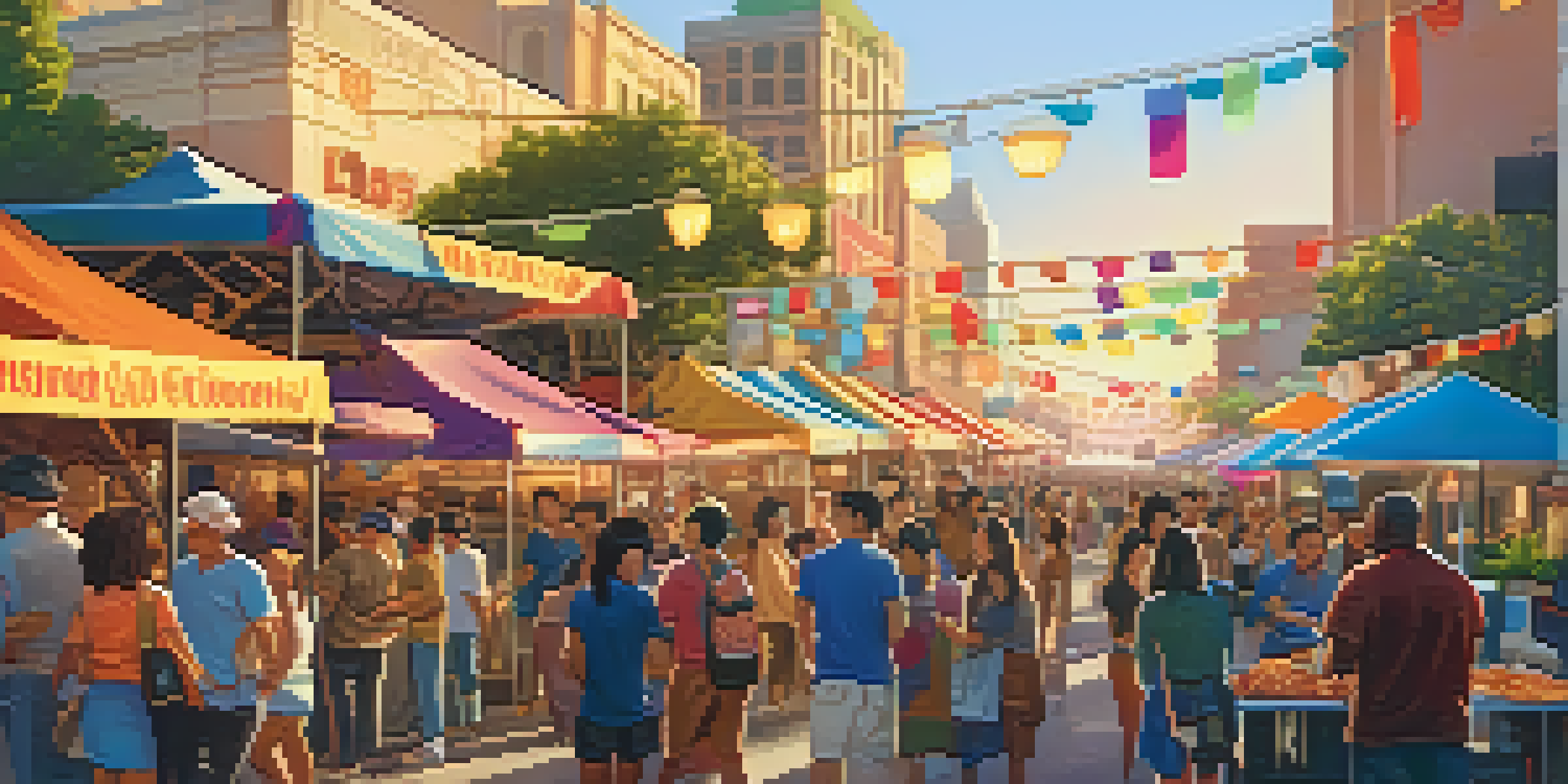 A lively street food festival in Los Angeles with diverse food trucks and happy crowds enjoying various cuisines.