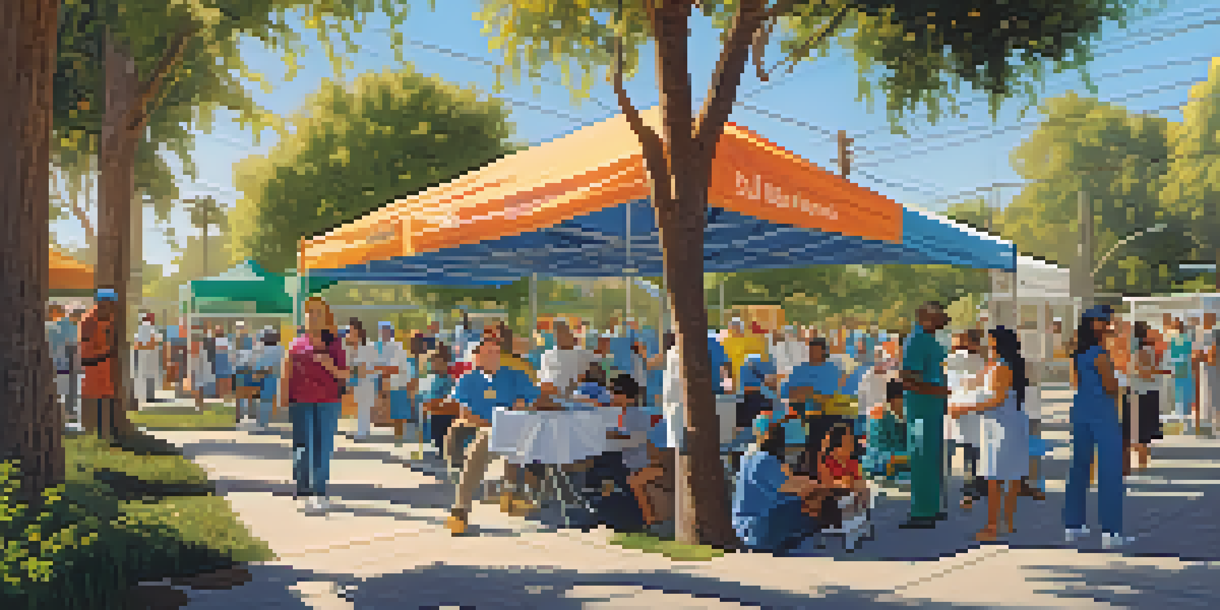 An outdoor vaccination clinic in Los Angeles with families receiving vaccines, surrounded by colorful health promotion banners and warm interactions.
