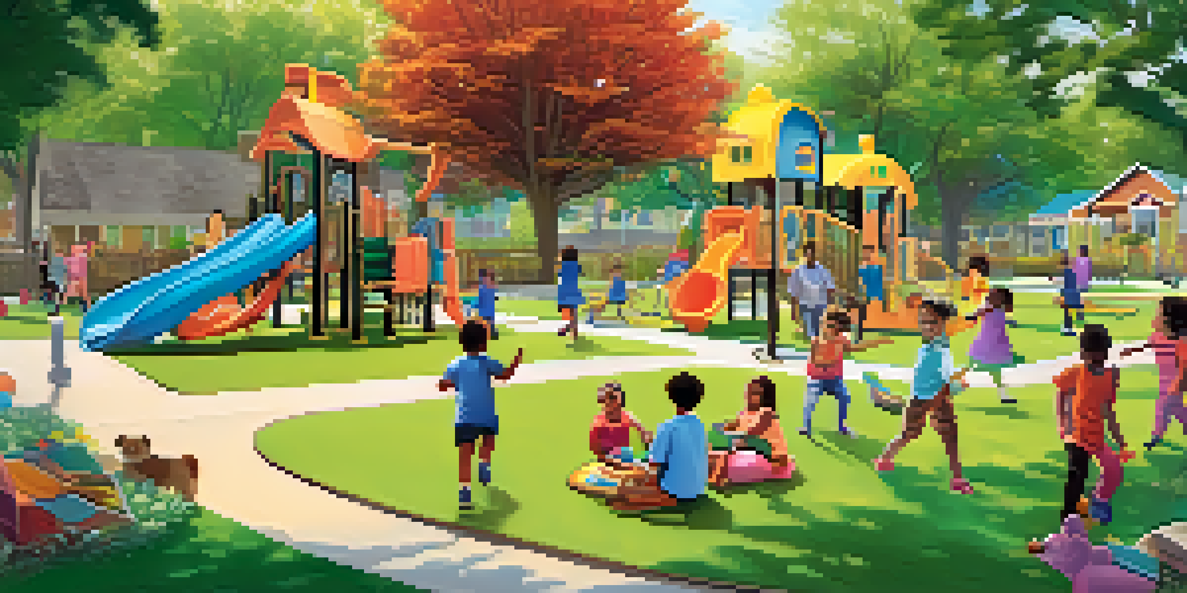 A diverse group of young children playing in a sunny park, with caregivers engaging them in activities, surrounded by colorful play equipment and trees.