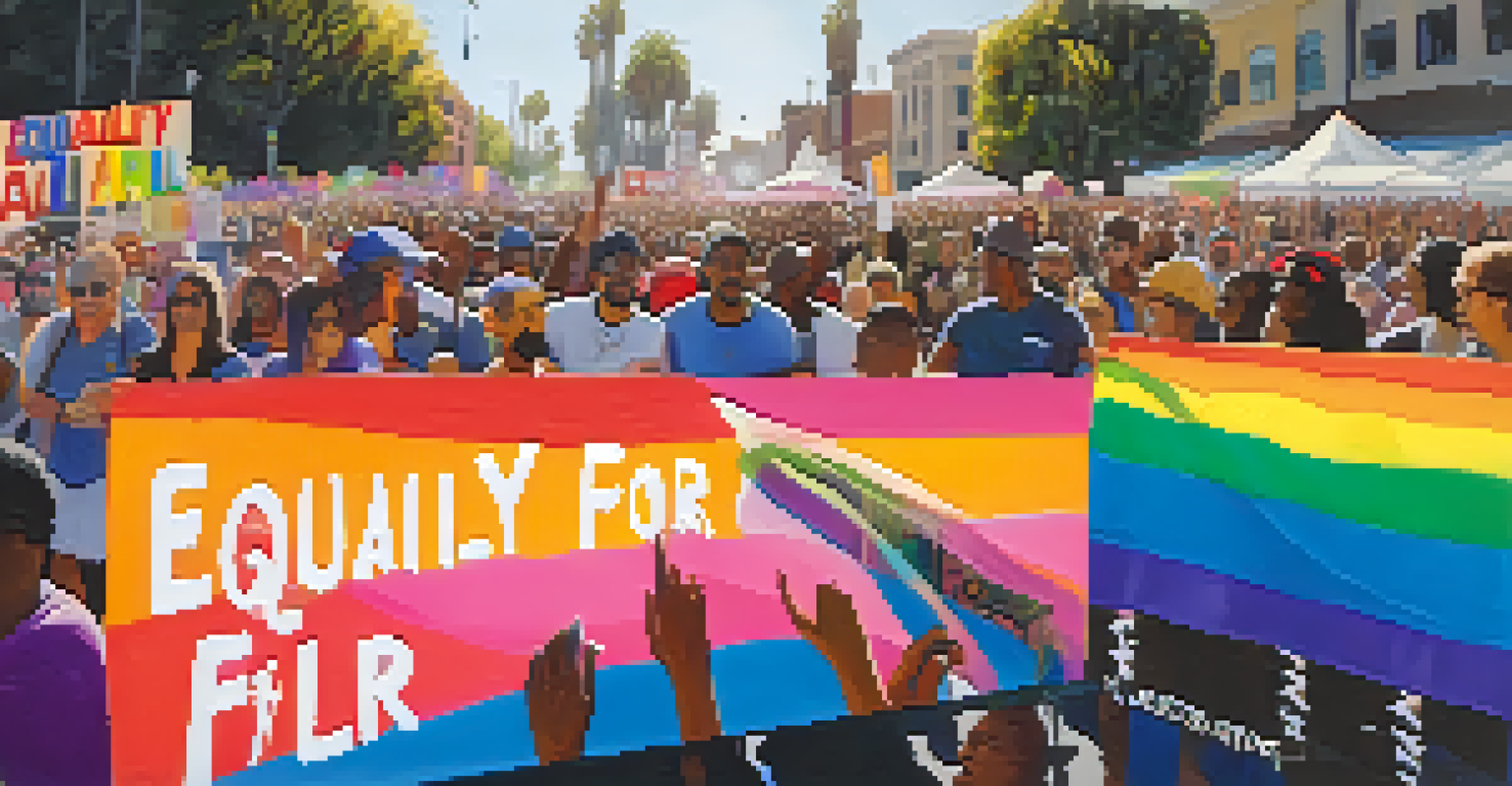 Close-up of hands holding a colorful sign that says 'Equality for All' at a grassroots activism event, with blurred supporters in the background.