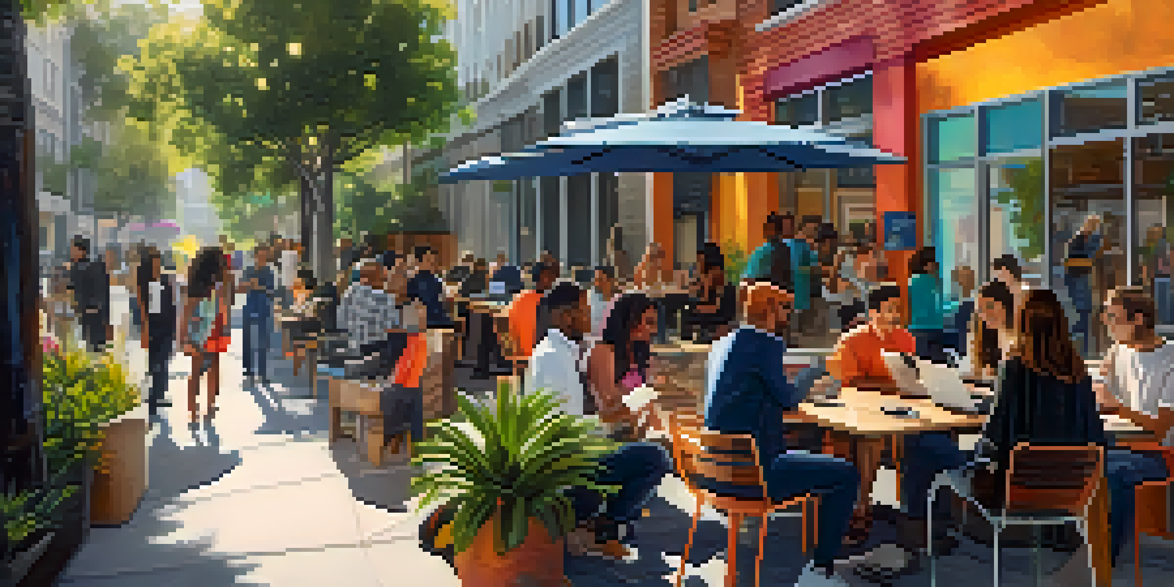 A lively Los Angeles street scene with diverse entrepreneurs discussing outside a co-working space, surrounded by colorful murals and greenery.