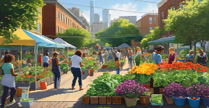 A diverse group of people working together in a colorful community garden, surrounded by flowers and vegetables, with sunlight filtering through the leaves.