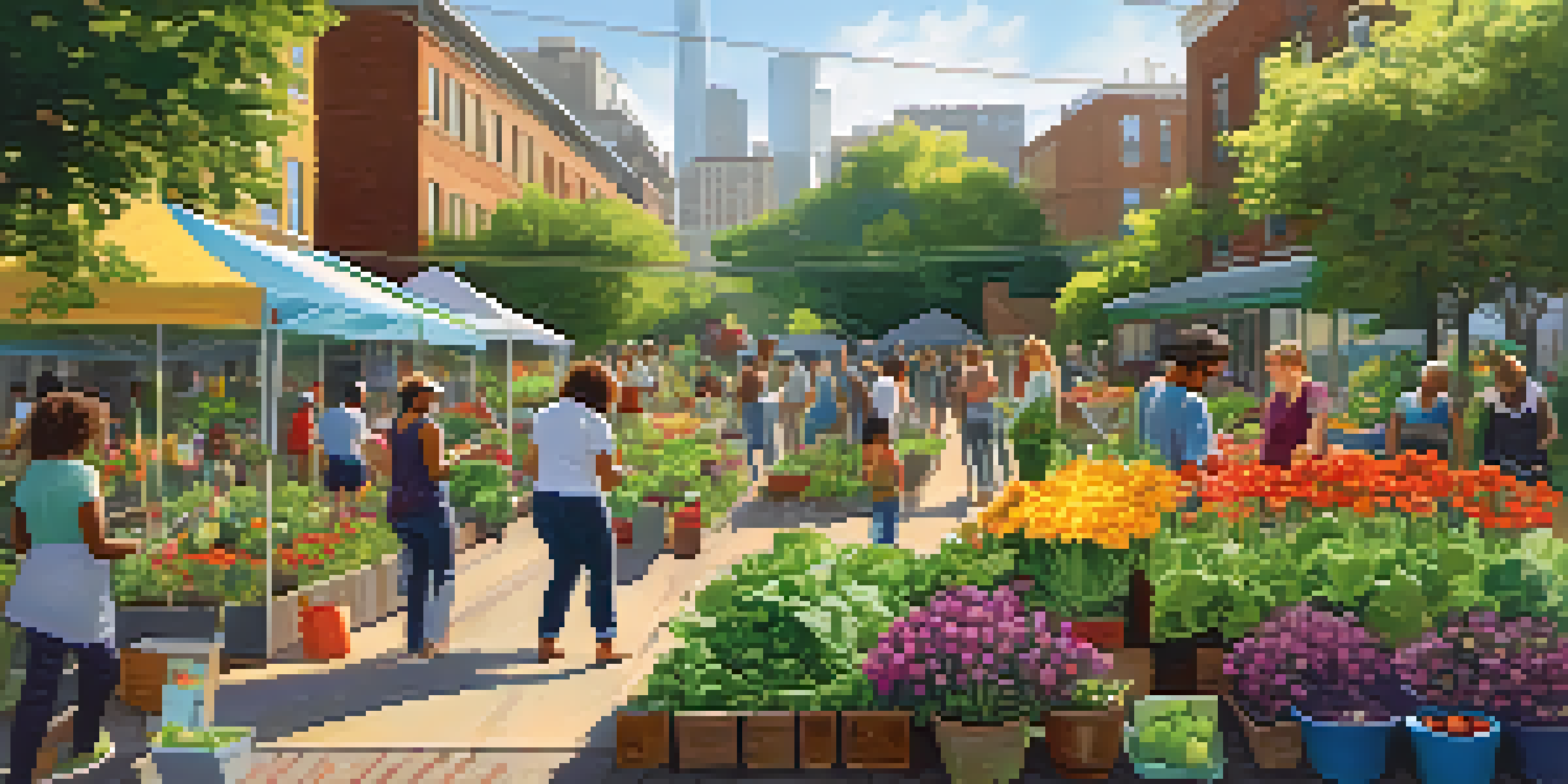 A diverse group of people working together in a colorful community garden, surrounded by flowers and vegetables, with sunlight filtering through the leaves.