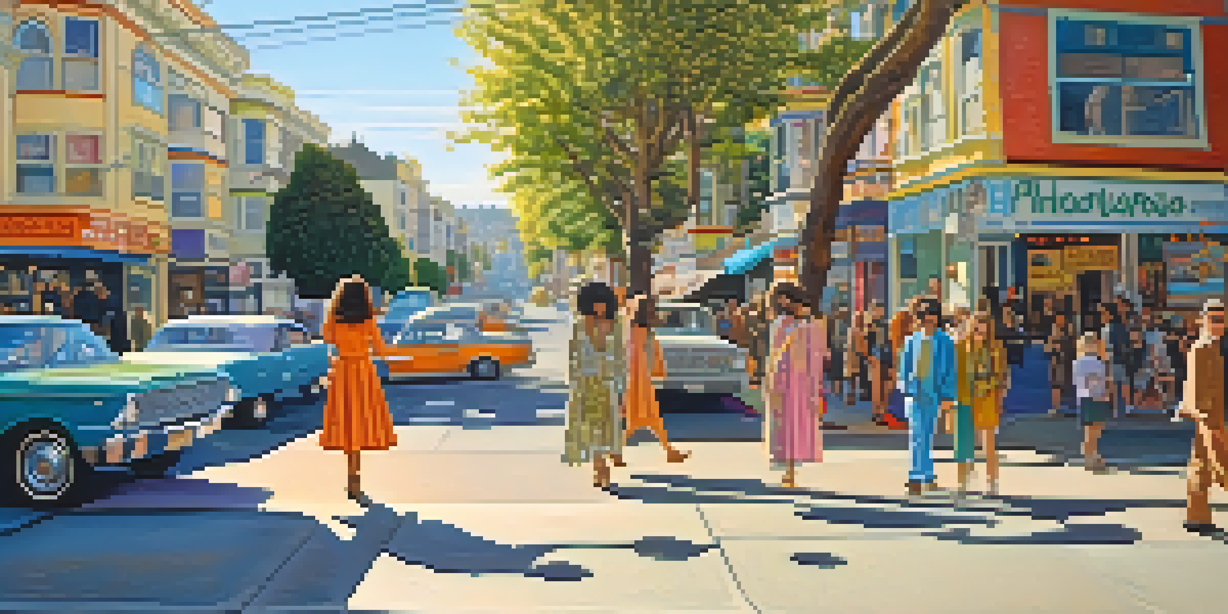 A lively street scene in Haight-Ashbury featuring young people in bohemian clothing with colorful murals and vintage shops, illuminated by warm sunlight.