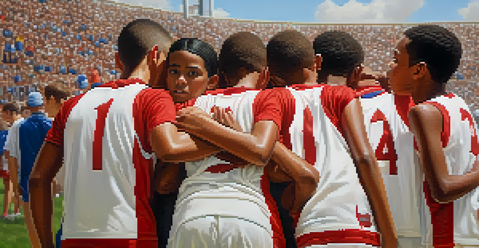 A close-up of young athletes in matching jerseys huddled together, showing determination and teamwork with a blurred cheering crowd in the background.