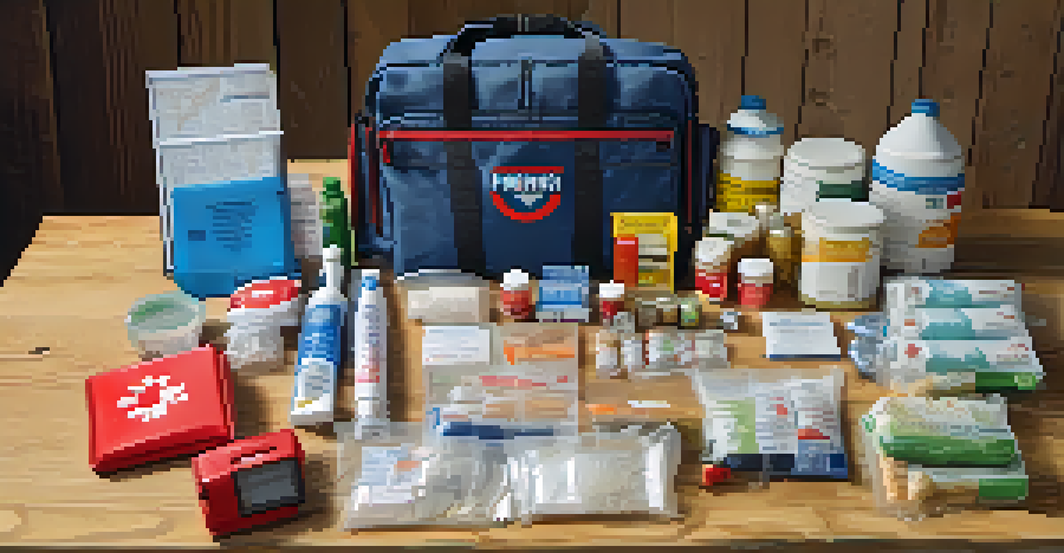 A detailed view of an emergency supply kit containing food, water, and medical supplies on a table.