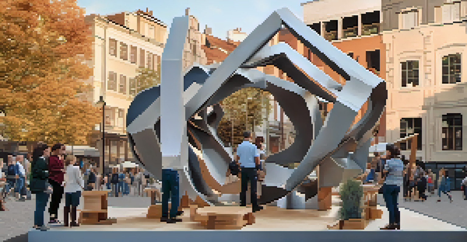 A large sculpture made of recycled materials illuminated by evening light, with people gathering around in a lively urban setting.