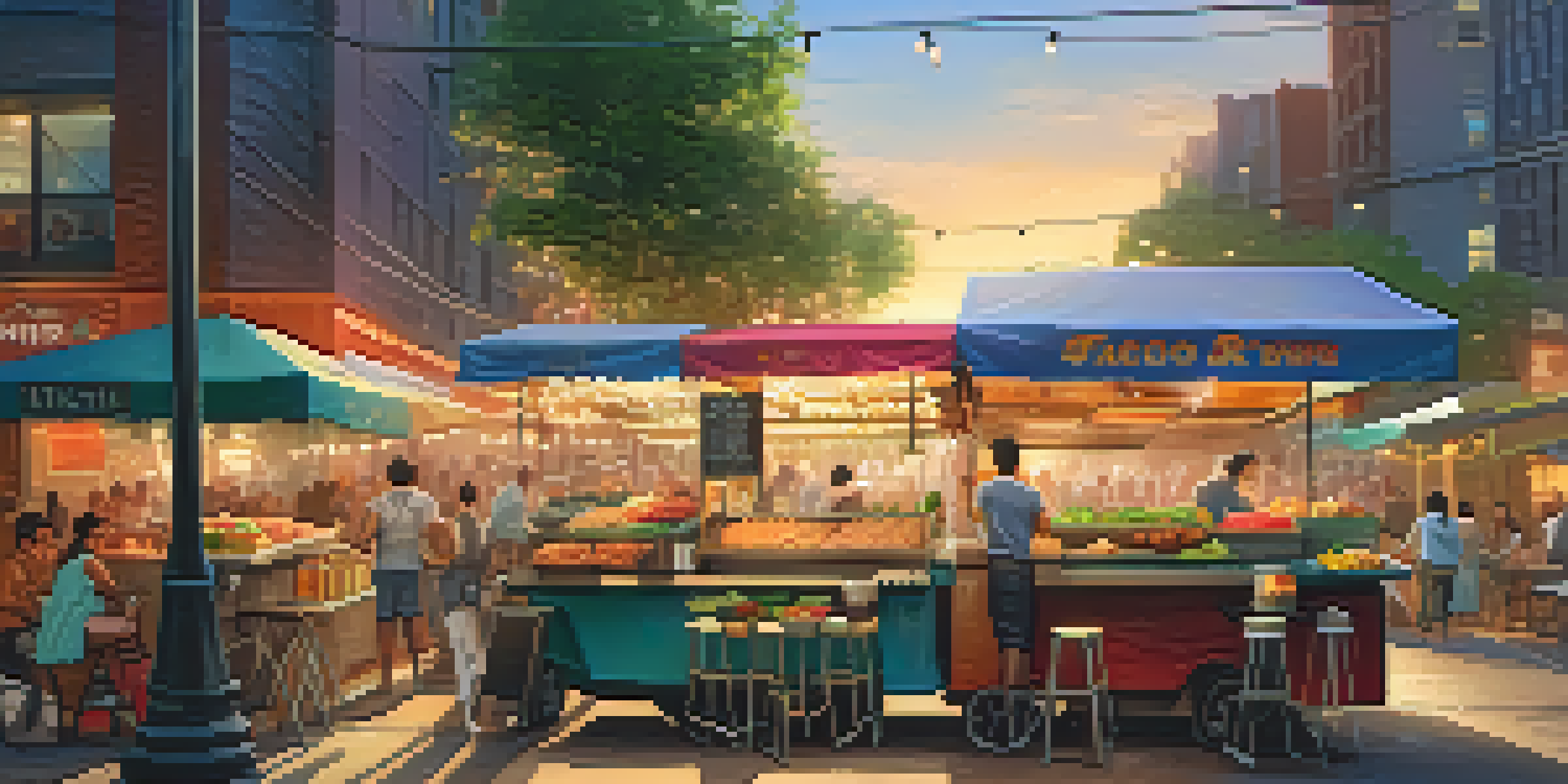 A street food vendor serving colorful dishes at sunset, with fairy lights and a busy city backdrop.