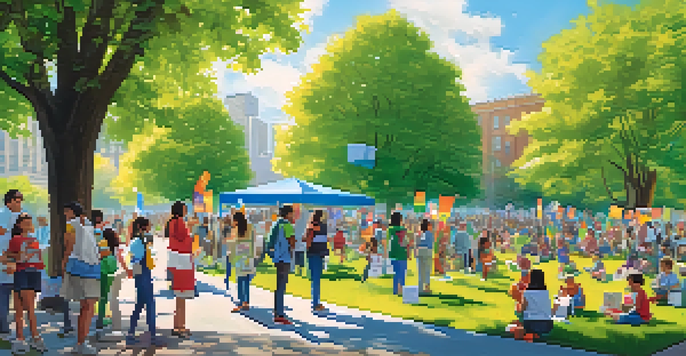 A lively community event focused on air quality awareness, featuring diverse people, colorful banners, tree planting activities, and informative booths in a sunny park.