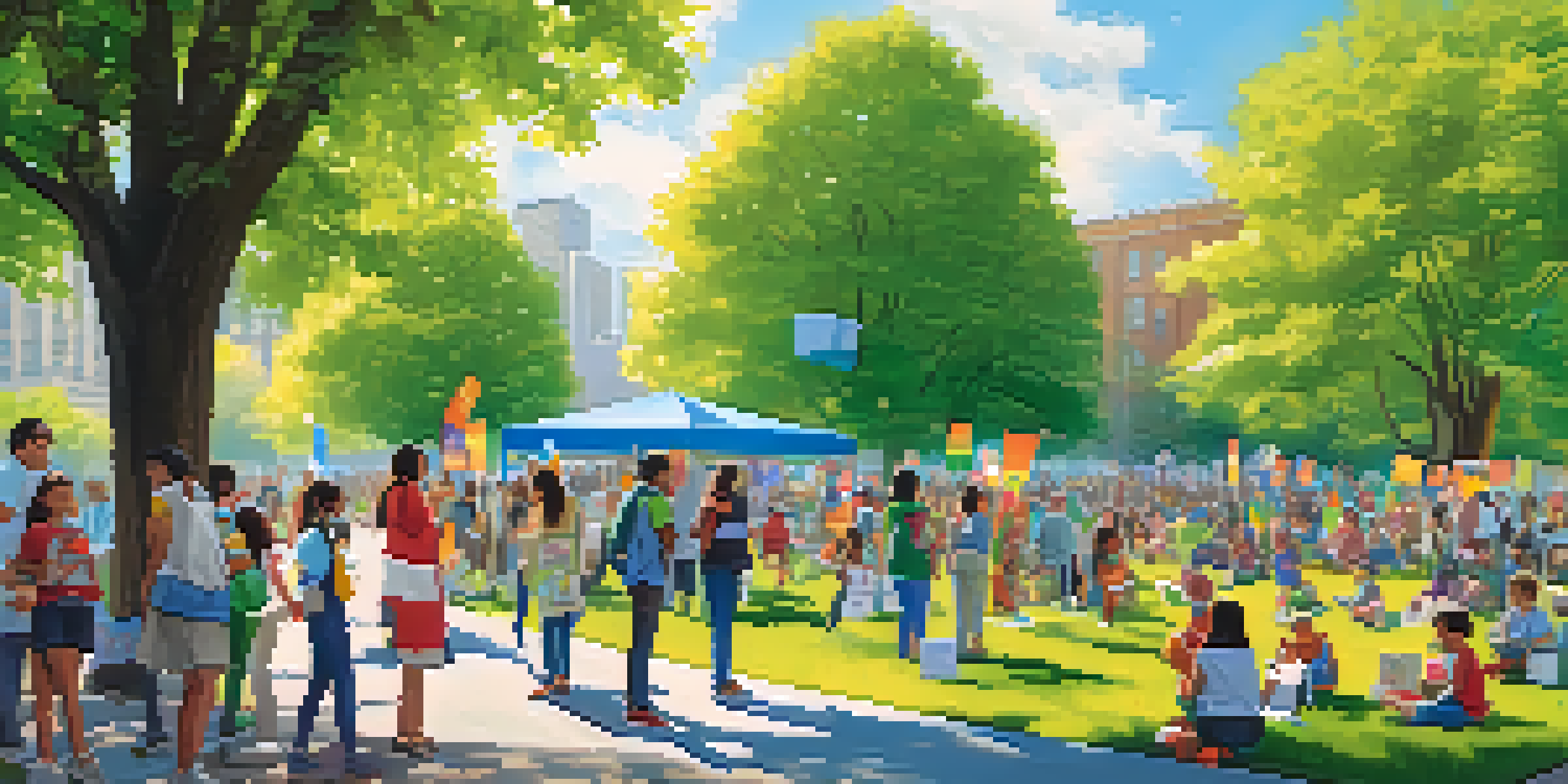 A lively community event focused on air quality awareness, featuring diverse people, colorful banners, tree planting activities, and informative booths in a sunny park.