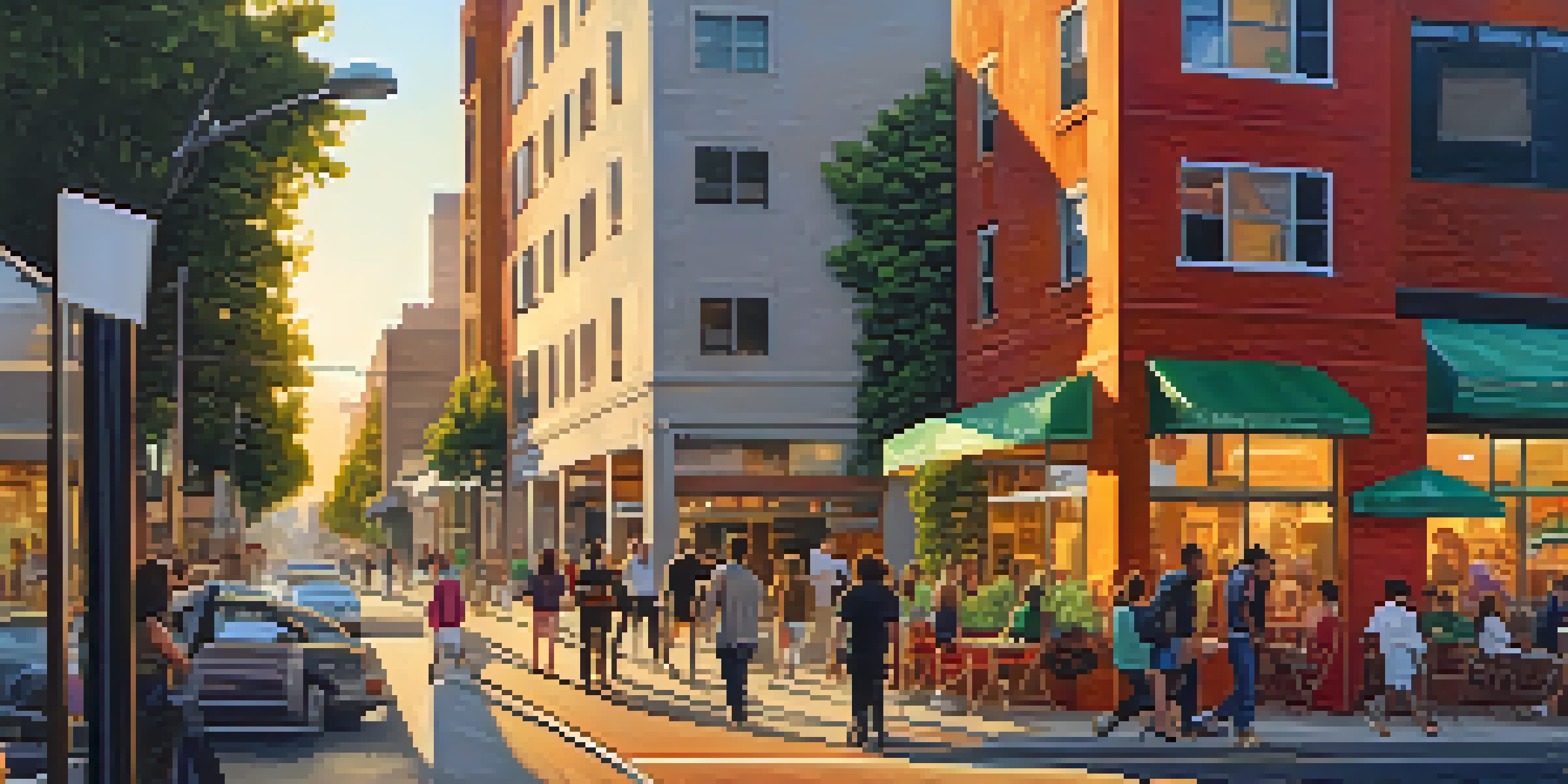 A lively street in Los Angeles with diverse pedestrians, modern buildings, and colorful murals under a sunset sky.