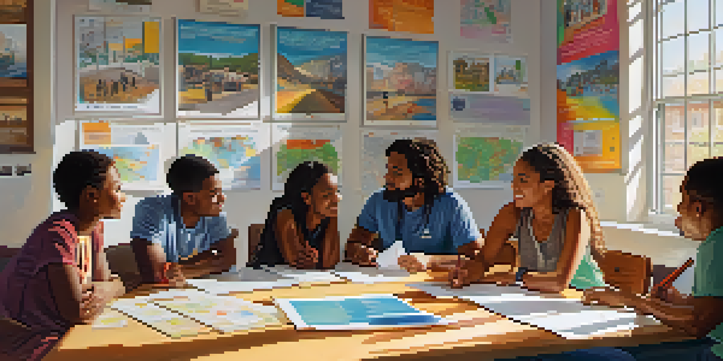 A diverse group of young people collaborating in a community center, discussing public safety initiatives with colorful posters and bright sunlight.